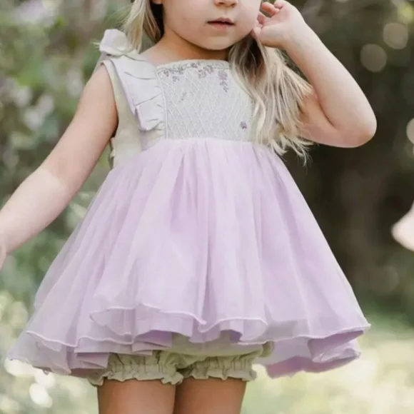 Well Dressed Wolf  Linen Cotton Lavender Wisteria Pinafore Smocked Dress  NWT